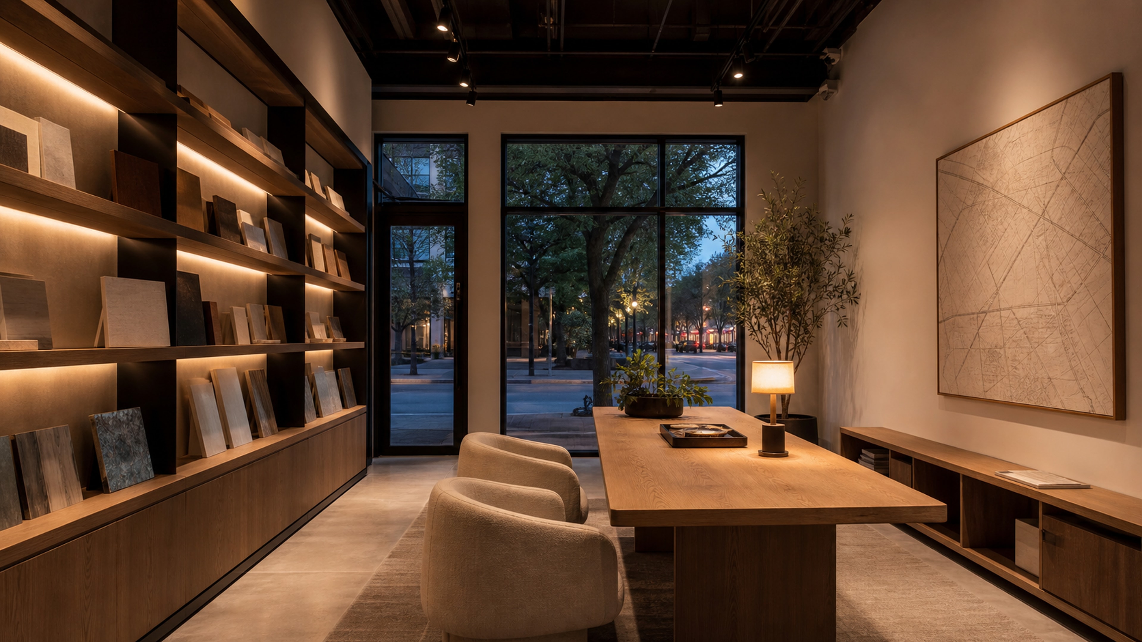 Warm modern property consultation studio at blue hour